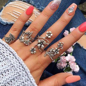 3/30$💖 New 4 Pcs Women Boho Silver Flower Goddes Ring Set